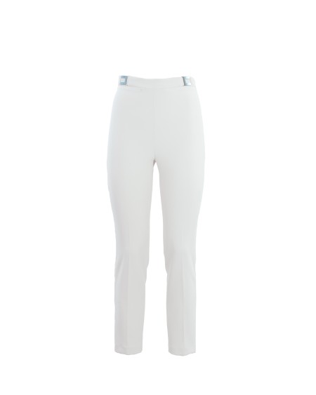 Shop ELISABETTA FRANCHI  Trousers: Elisabetta Franchi straight crepe trousers with logo plaques.
Cigarette trousers with high waist.
Application of metal logo plates on the sides.
Satin lining.
Invisible zip on the side.
Metal accessory.
Composition: 96% Polyester 04% Elastane.
Made in Italy.. PA00536E2-193